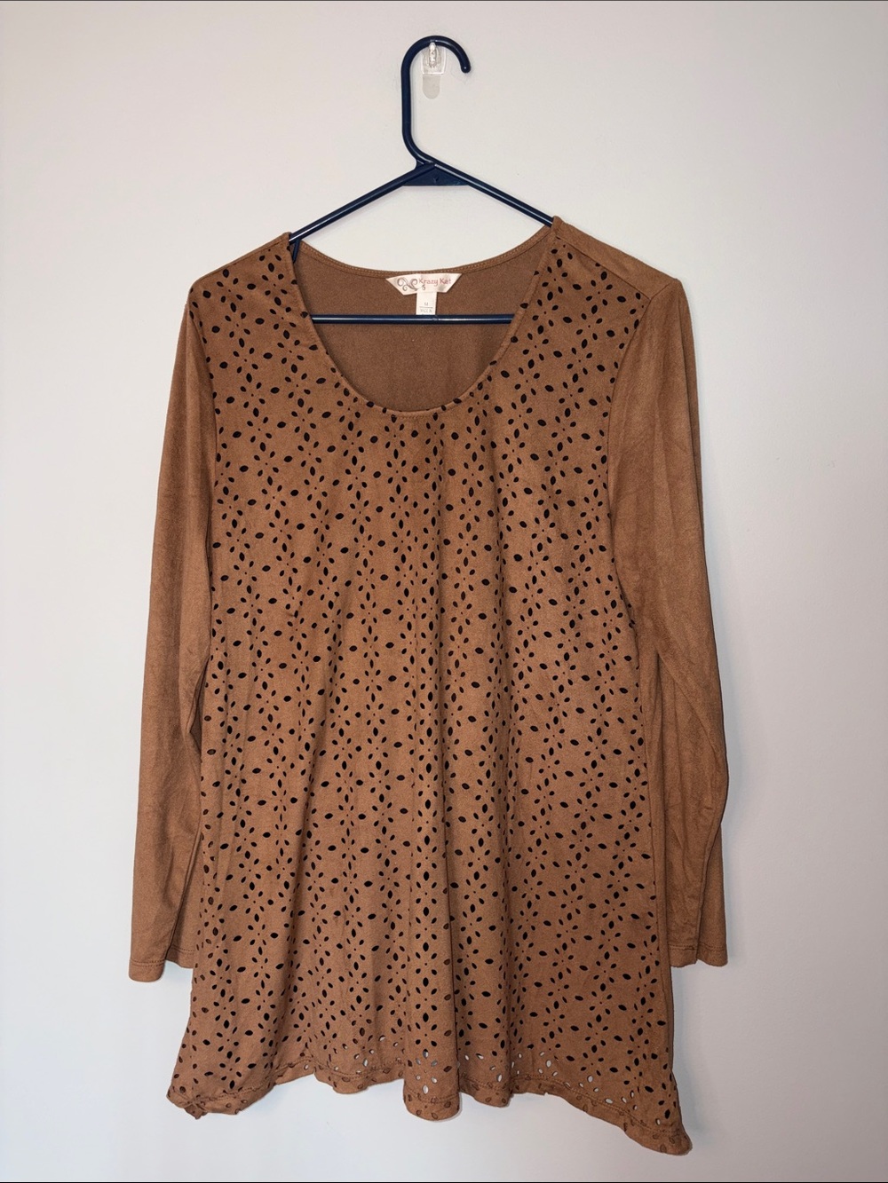 krazy kat Brown Suede-Look Laser Cut Top Medium